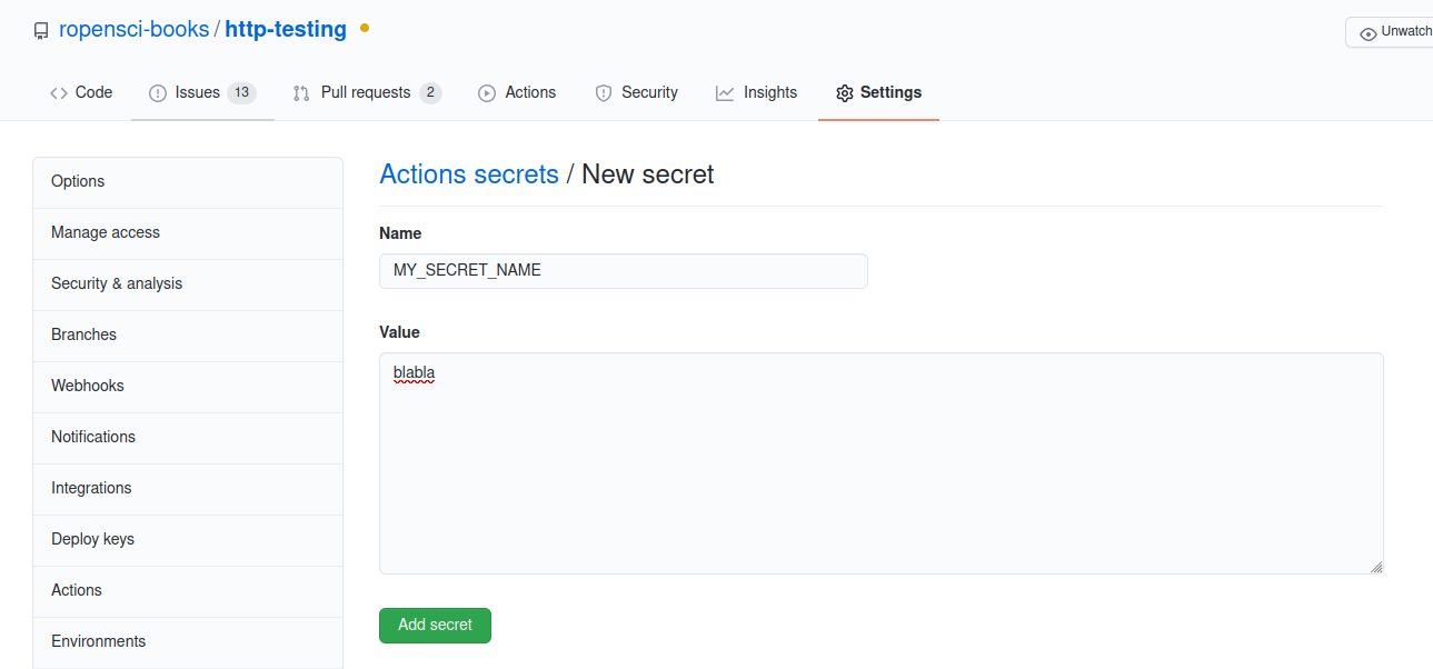 Screenshot of the interface for adding secrets in a GitHub repository, showing how the secret is stored without any quote.